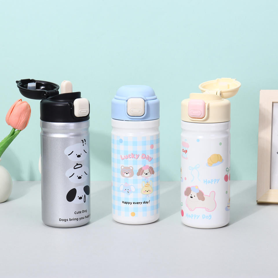 Portable Stainless Steel Drinkware Cartoon Animal Tumbler with Straw Bounce Lid Features a Stylish Rope Handle
