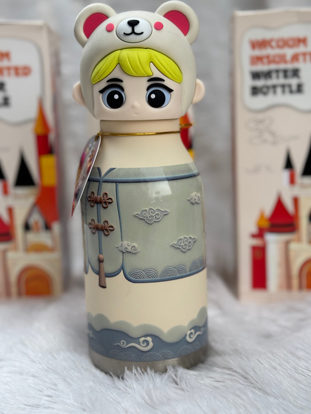 Premium Cute Cartoon Bear Character Insulated Water Bottle with 3D Cap - 500ml / Green
