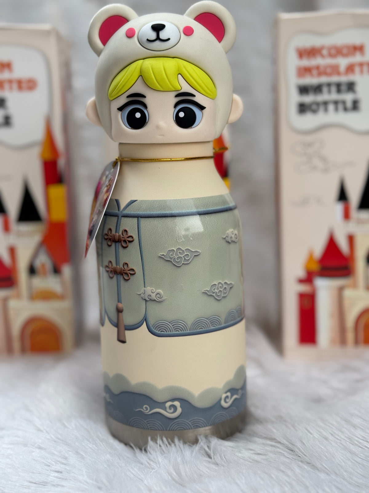 Premium Cute Cartoon Bear Character Insulated Water Bottle with 3D Cap - 500ml / Green