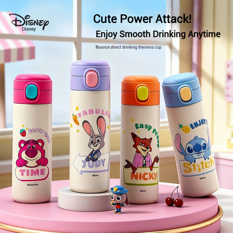 Authentic Disney "Cute Power Attack" Insulated Water Bottle – Push Button Lid (Stitch, Lotso, Judy, Nick)