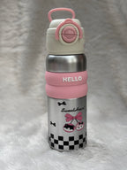 "Hello" series stainless steel vacuum-insulated water bottles 600 ml featuring cute cartoon character graphics and colorful silicone grip bands.