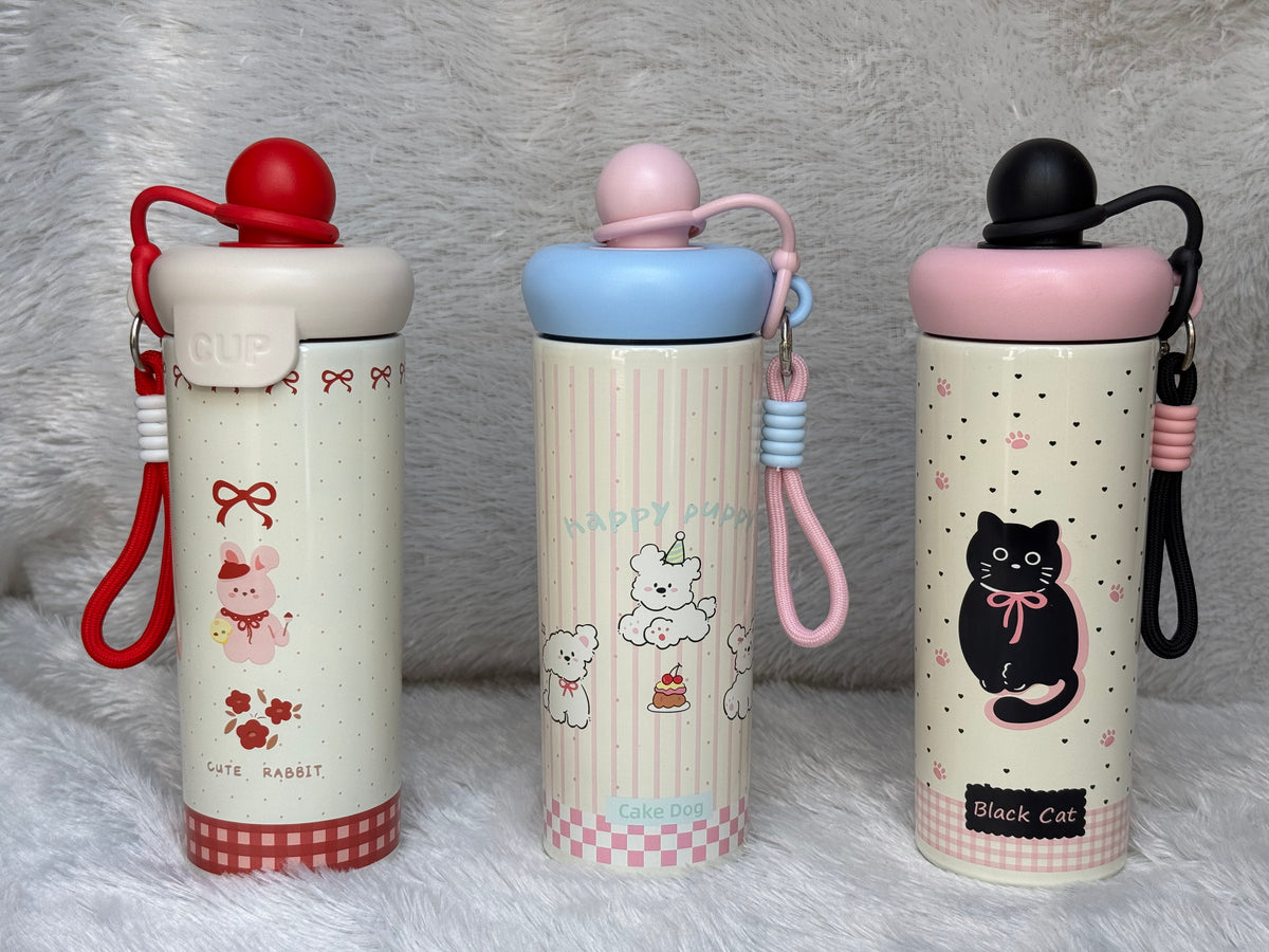 Bow Catty Stainless Steel Tumbler Water Bottle for Kids & Adults, Black Ball Lid Series, 650ml-Black