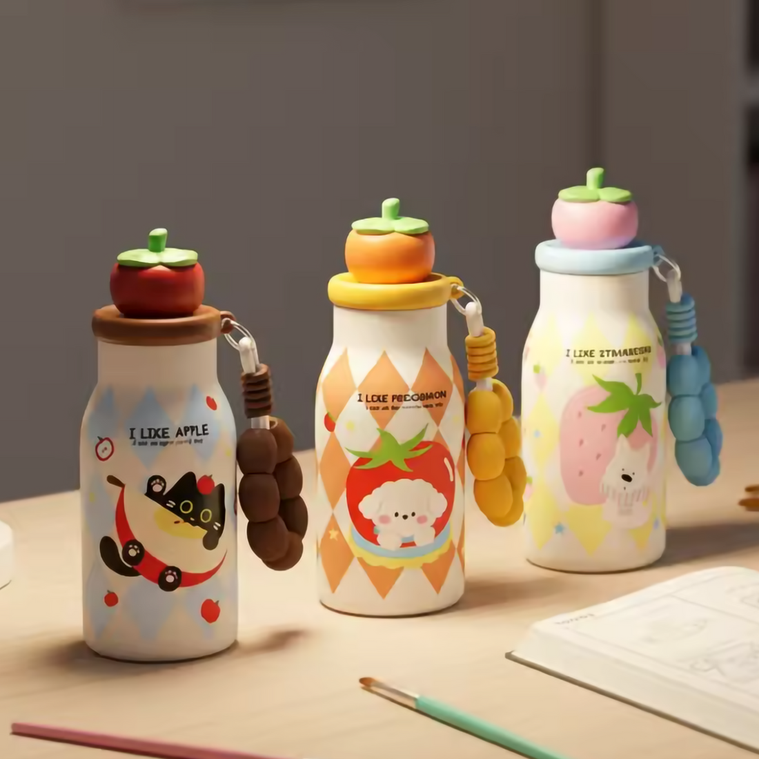 Cute Fruit Lid Insulated Water Bottle 400ml with Straw & Beaded Strap for Kids