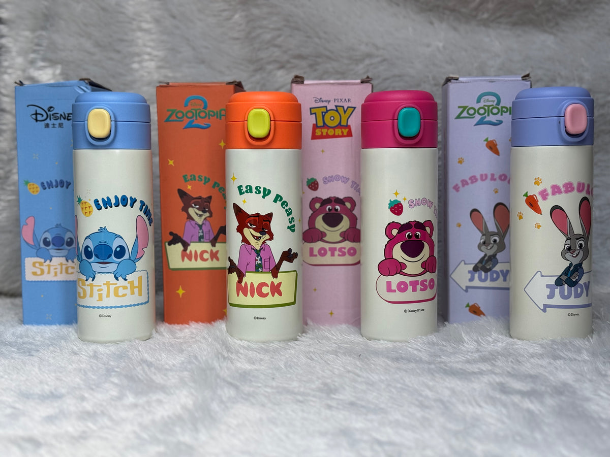 Authentic Disney "Cute Power Attack" Insulated Water Bottle – Push Button Lid (Stitch, Lotso, Judy, Nick)
