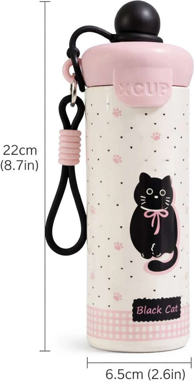 Bow Catty Stainless Steel Tumbler Water Bottle for Kids & Adults, Black Ball Lid Series, 650ml-Black