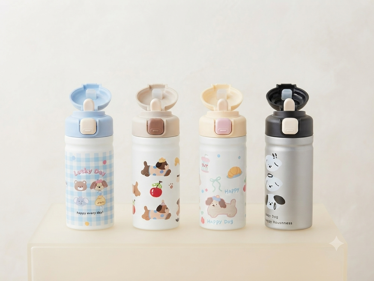 Portable Stainless Steel Drinkware Cartoon Animal Tumbler with Straw Bounce Lid Features a Stylish Rope Handle