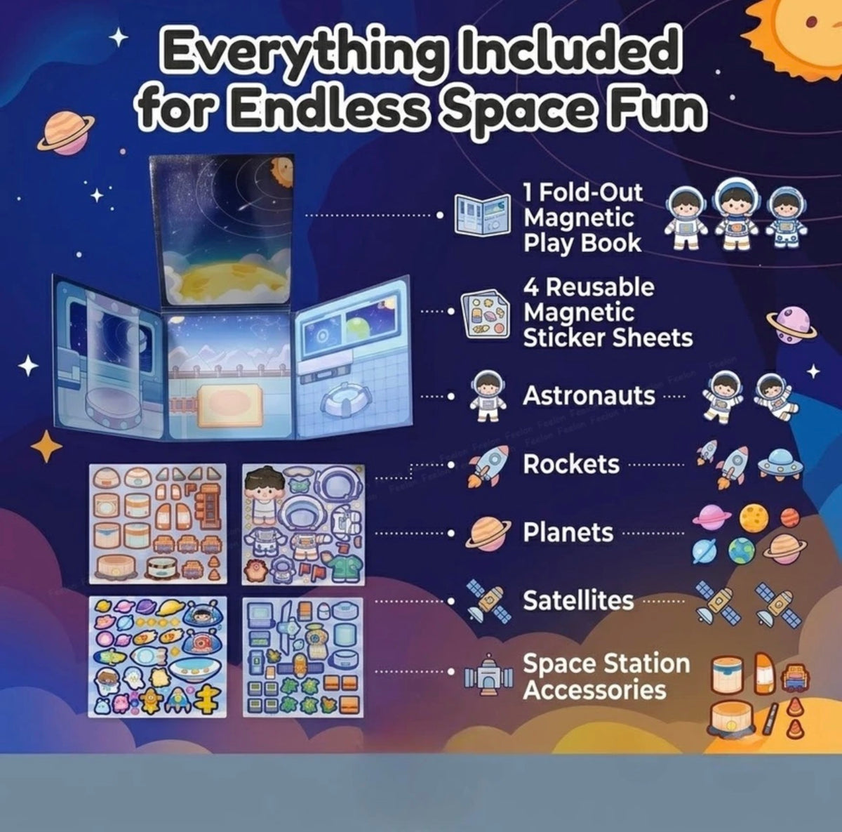 Space Adventure: Interstellar Space Station Magnetic Play Set 4 Fold-Out Magnetic Play Book, 4 Reusable Magnetic Sticker Sheets