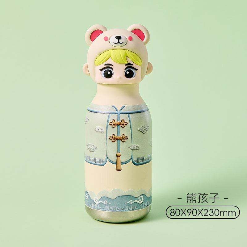 Premium Cute Cartoon Bear Character Insulated Water Bottle with 3D Cap - 500ml / Green