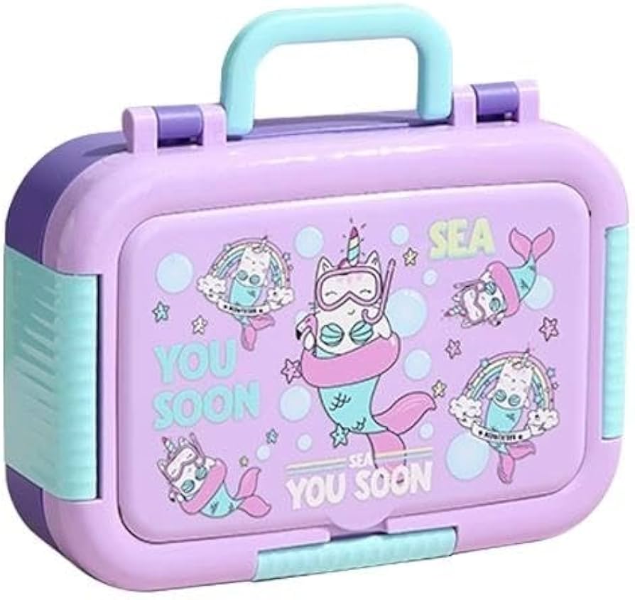 Kids Stainless Steel Lunch Box 650ml + 80ml Sauce Cup, 3 Compartment Cartoon Bento Box (Mermaid, Alpaca & Space), Leak-Proof SUS304 Tiffin for School & Kids