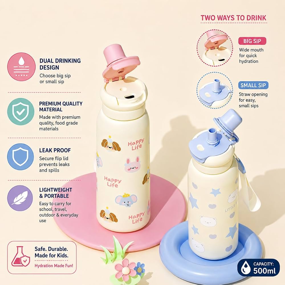 Water Bottle For Kids | Leakproof Dual Cap Water Bottle with Straw | Double Drinking Sipper Bottle With Portable Handle | BPA-Free | Easy To Carry For Girls & Boys - 500ML