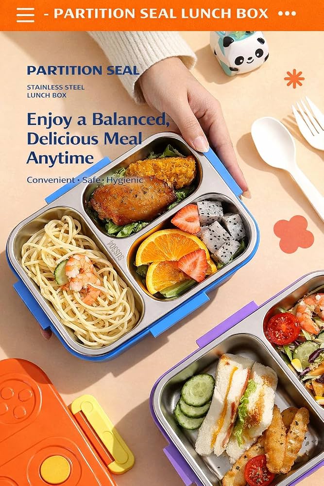 Kids Stainless Steel Lunch Box 750ml, 3 Compartment Partition Seal Bento Box, Leak-Proof Silicone Seal Cartoon Tiffin for School, Kids & Picnics