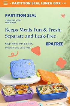 Kids Stainless Steel Lunch Box 750ml, 3 Compartment Partition Seal Bento Box, Leak-Proof Silicone Seal Cartoon Tiffin for School, Kids & Picnics