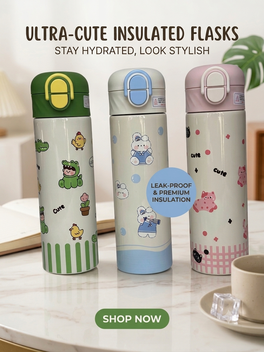 Cute Cartoon Insulated Water Bottle – 450ml Stainless Steel Double-Wall Vacuum Flask with Push-Button Flip Lid & Safety Lock (Leak-Proof, BPA-Free)