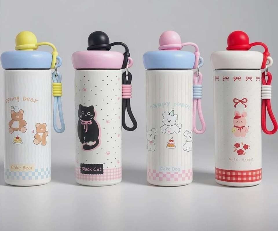 Bow Catty Stainless Steel Tumbler Water Bottle for Kids & Adults, Black Ball Lid Series, 650ml-Black