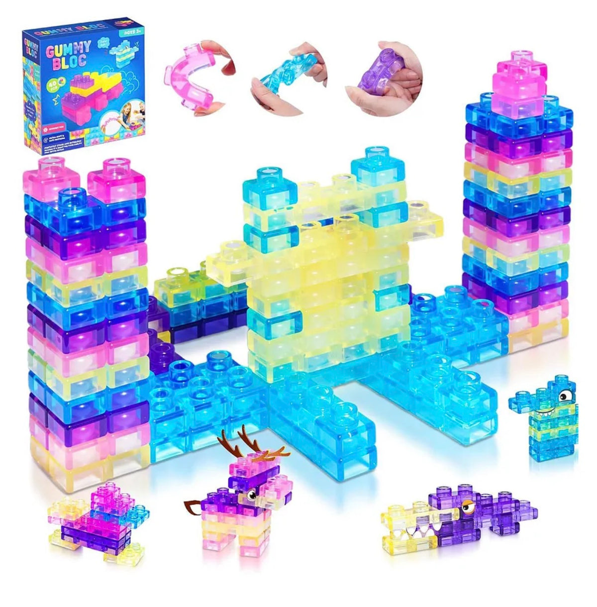 40-Piece Gummy Building Blocks Set for Kids, Soft Transparent Interlocking Construction Blocks, Colorful Sensory STEM Building Toy for Creative Play, Learning & Motor Skills Development