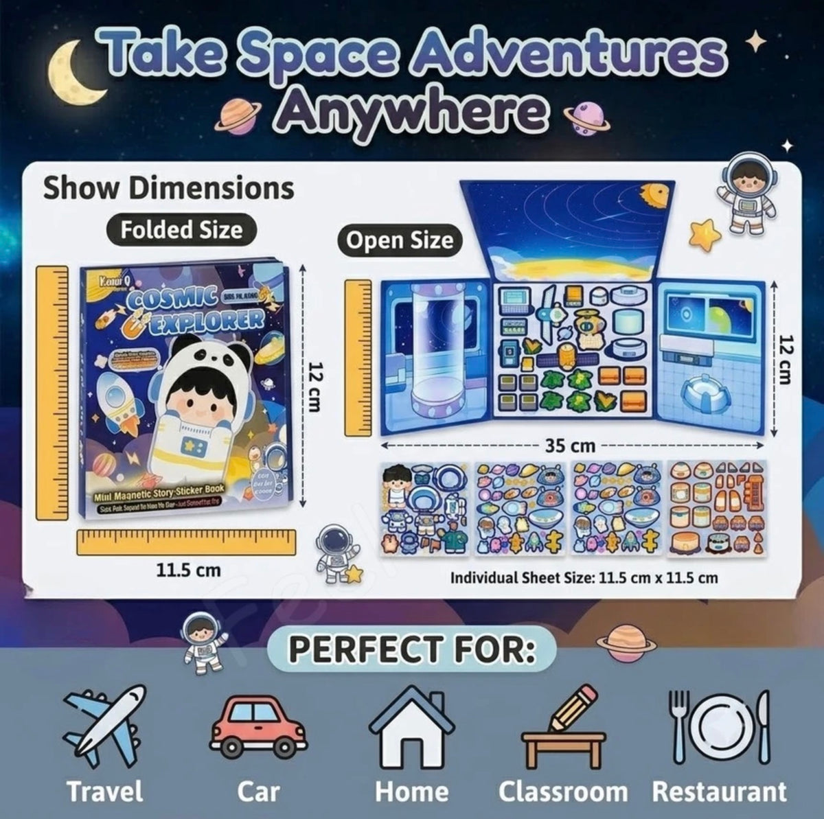 Space Adventure: Interstellar Space Station Magnetic Play Set 4 Fold-Out Magnetic Play Book, 4 Reusable Magnetic Sticker Sheets
