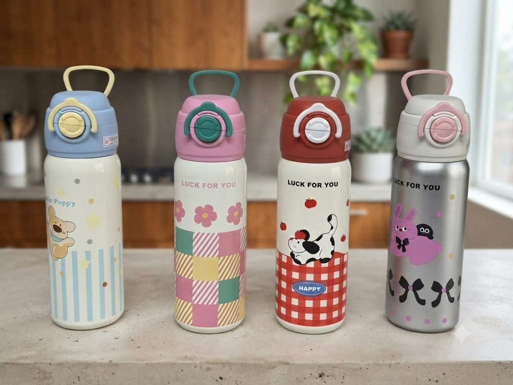 Kids Insulated Stainless Steel Water Bottle - 500ml/600ml Leak-Proof Sipper Thermos with One-Click Flip Top Lid & Pop-Up Straw | Cute Cartoon Animal Series for School, Travel, and Outdoor Adventures