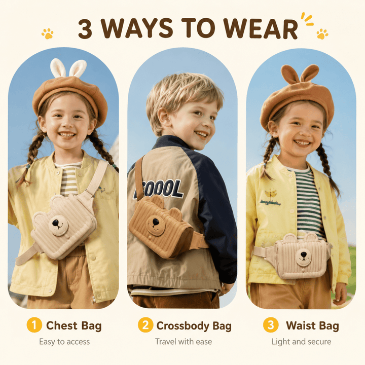 Premium Cute Bear Silicone Crossbody Waist Bag for Kids – Lightweight 3-Way Travel Sling & Chest Pack