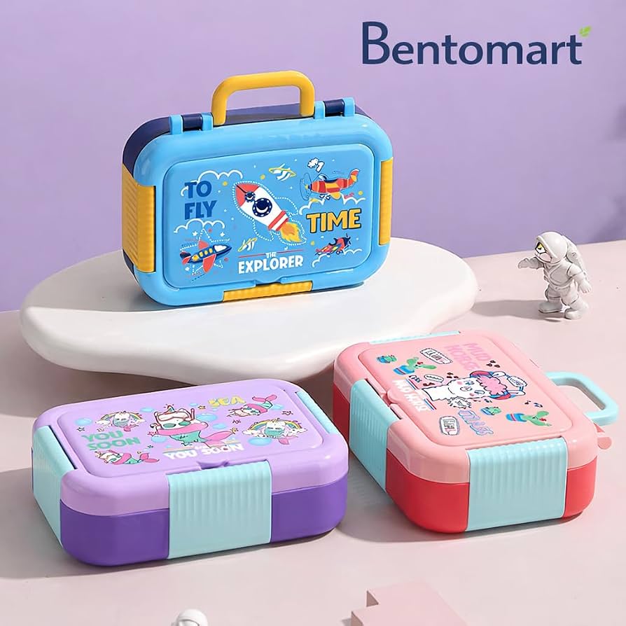 Kids Stainless Steel Lunch Box 650ml + 80ml Sauce Cup, 3 Compartment Cartoon Bento Box (Mermaid, Alpaca & Space), Leak-Proof SUS304 Tiffin for School & Kids