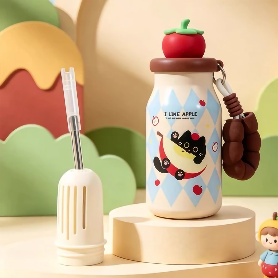 Cute Fruit Lid Insulated Water Bottle 400ml with Straw & Beaded Strap for Kids