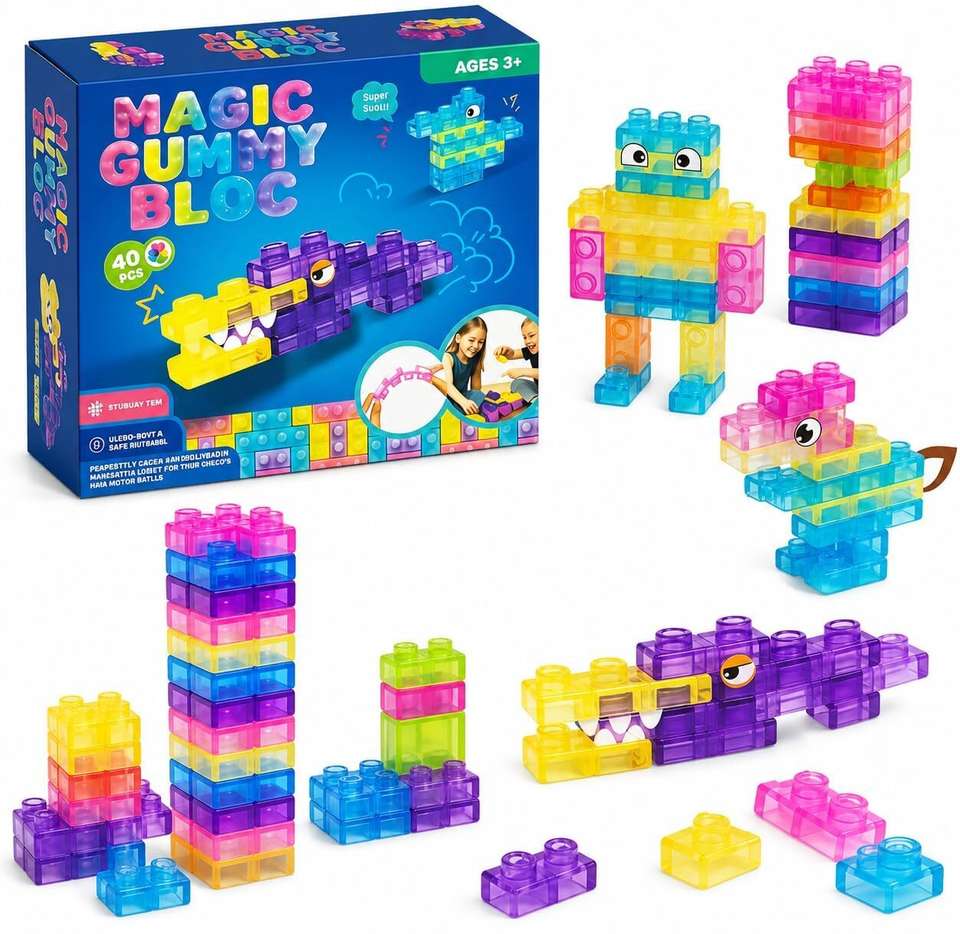 40-Piece Gummy Building Blocks Set for Kids, Soft Transparent Interlocking Construction Blocks, Colorful Sensory STEM Building Toy for Creative Play, Learning & Motor Skills Development