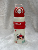 "Hello" series stainless steel vacuum-insulated water bottles 600 ml featuring cute cartoon character graphics and colorful silicone grip bands.