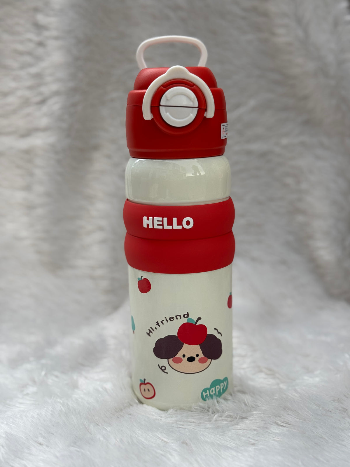 "Hello" series stainless steel vacuum-insulated water bottles 600 ml featuring cute cartoon character graphics and colorful silicone grip bands.