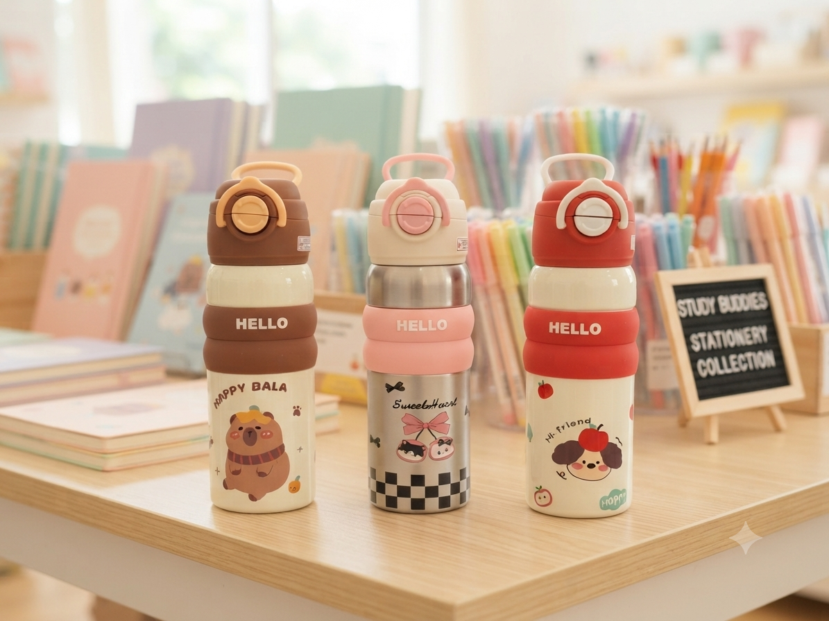 "Hello" series stainless steel vacuum-insulated water bottles 600 ml featuring cute cartoon character graphics and colorful silicone grip bands.