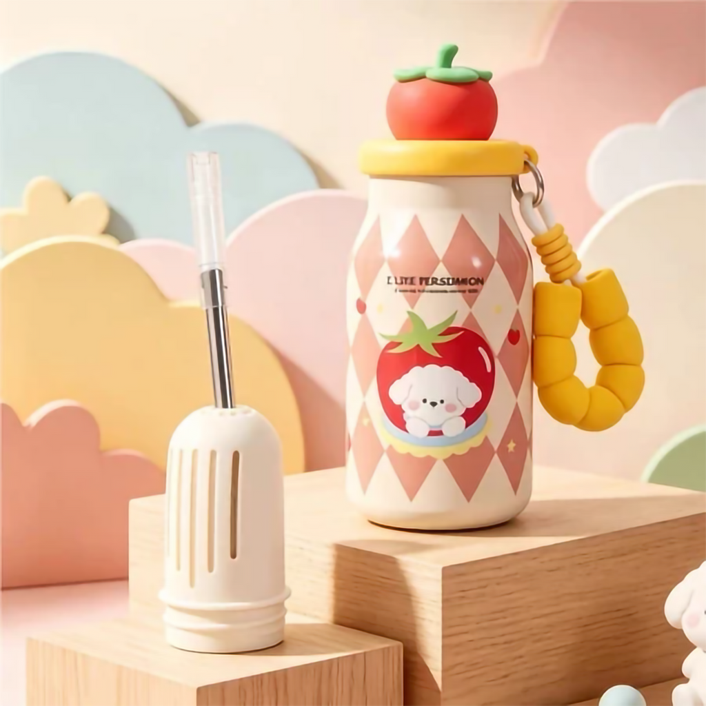 Cute Fruit Lid Insulated Water Bottle 400ml with Straw & Beaded Strap for Kids