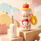 Cute Fruit Lid Insulated Water Bottle 400ml with Straw & Beaded Strap for Kids