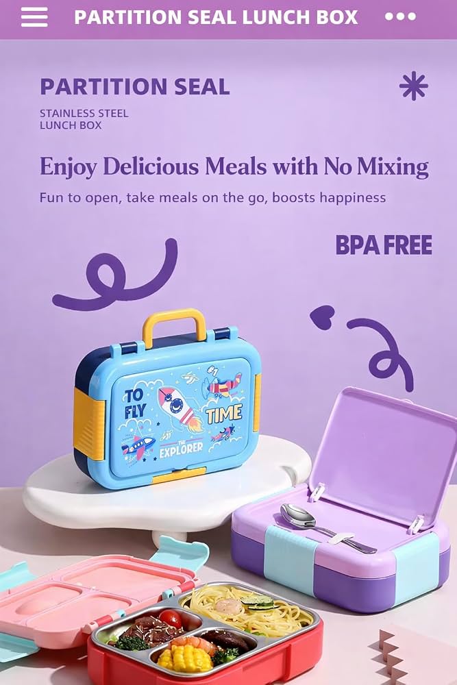 Kids Stainless Steel Lunch Box 650ml + 80ml Sauce Cup, 3 Compartment Cartoon Bento Box (Mermaid, Alpaca & Space), Leak-Proof SUS304 Tiffin for School & Kids