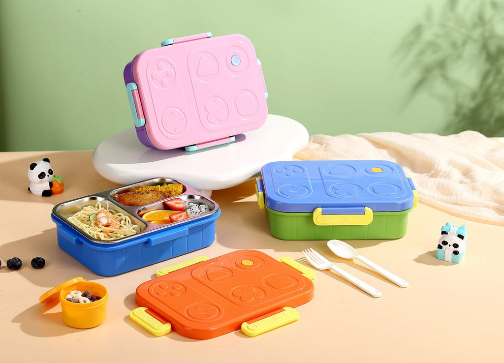 Kids Stainless Steel Lunch Box 750ml, 3 Compartment Partition Seal Bento Box, Leak-Proof Silicone Seal Cartoon Tiffin for School, Kids & Picnics