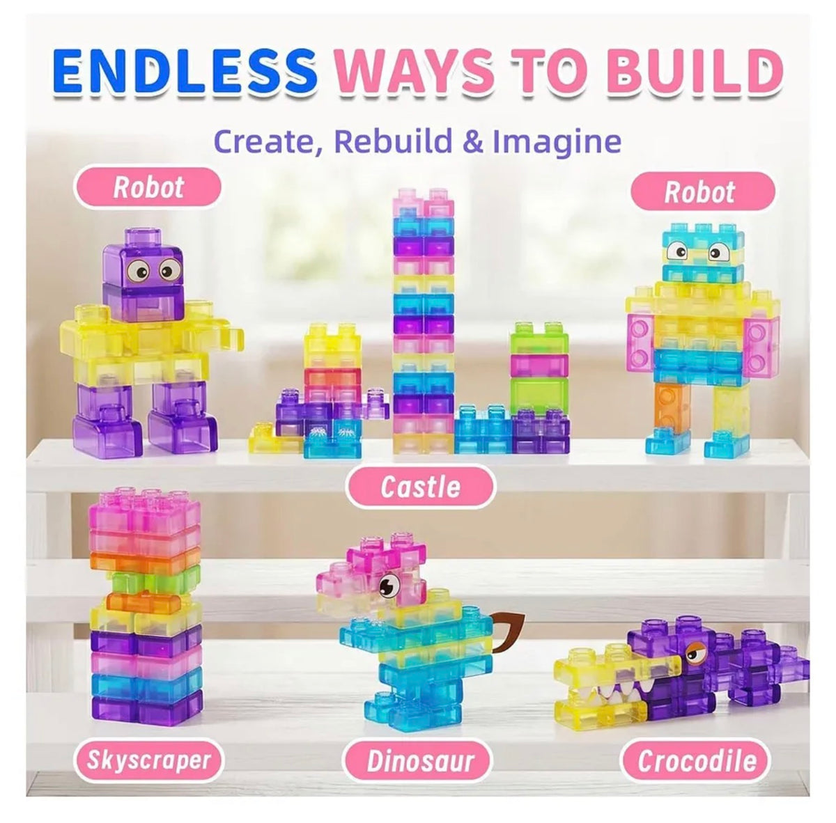 40-Piece Gummy Building Blocks Set for Kids, Soft Transparent Interlocking Construction Blocks, Colorful Sensory STEM Building Toy for Creative Play, Learning & Motor Skills Development
