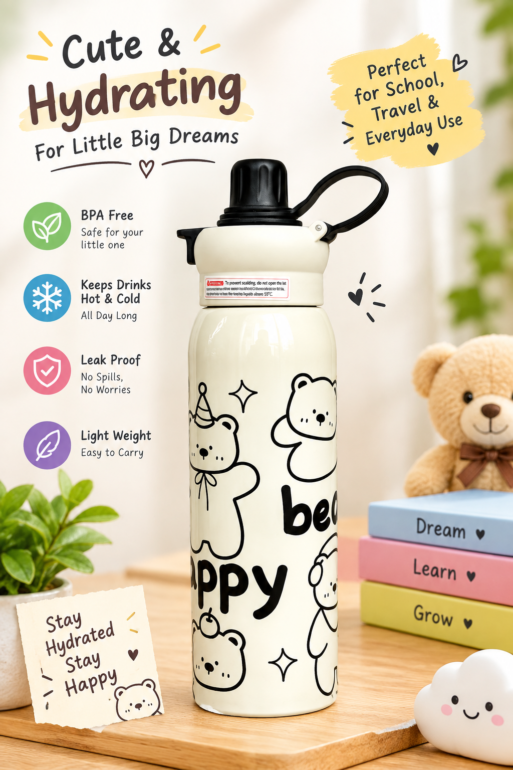 Stylish Cartoon Water Bottle for School, Travel & Everyday Use