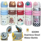 "Hello" series stainless steel vacuum-insulated water bottles 600 ml featuring cute cartoon character graphics and colorful silicone grip bands.