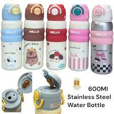 "Hello" series stainless steel vacuum-insulated water bottles 600 ml featuring cute cartoon character graphics and colorful silicone grip bands.
