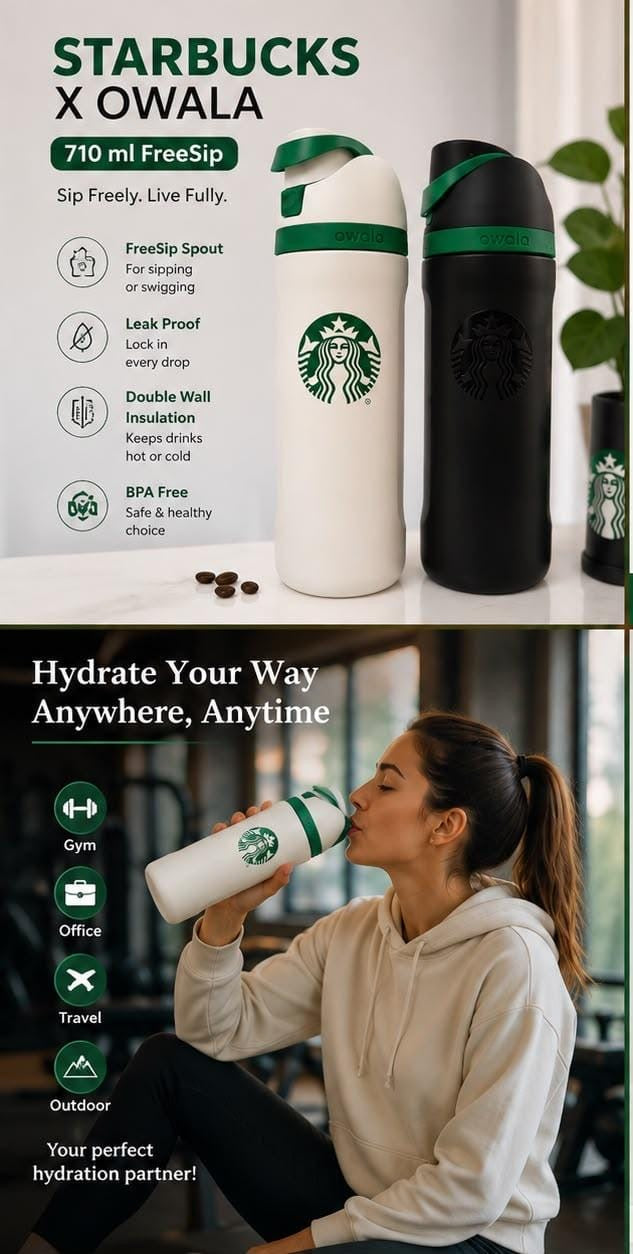 Starbucks & Owala 710ml FreeSip Stainless Steel Water Bottle - Insulated Hot & Cold Drinkware for Office and Outdoors