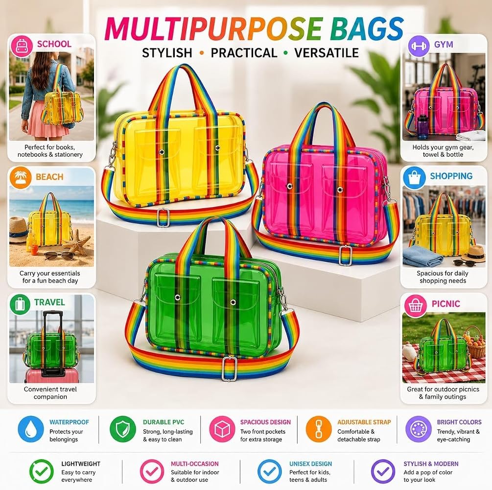 Transparent Jelly Tote Bag, Stylish PVC Waterproof Handbag for Women & Girls, Lightweight Travel & Gym Carry Bag, Daypack for Teens & Kids - Cute Travel, Beach & Casual Carry Bag, Pack of 1 Pcs