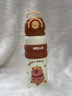 "Hello" series stainless steel vacuum-insulated water bottles 600 ml featuring cute cartoon character graphics and colorful silicone grip bands.