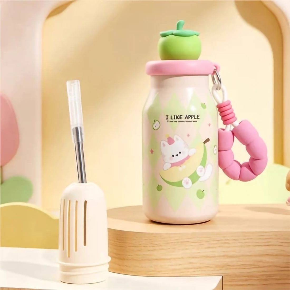 Cute Fruit Lid Insulated Water Bottle 400ml with Straw & Beaded Strap for Kids