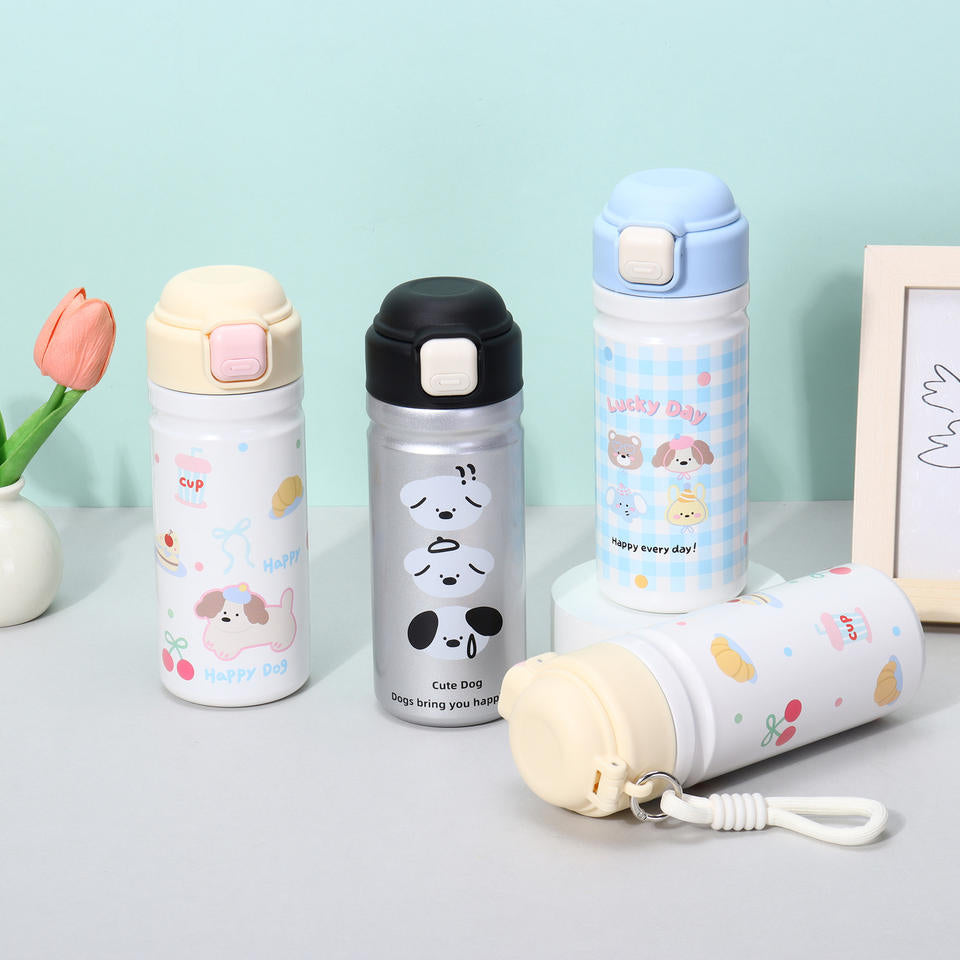 Portable Stainless Steel Drinkware Cartoon Animal Tumbler with Straw Bounce Lid Features a Stylish Rope Handle