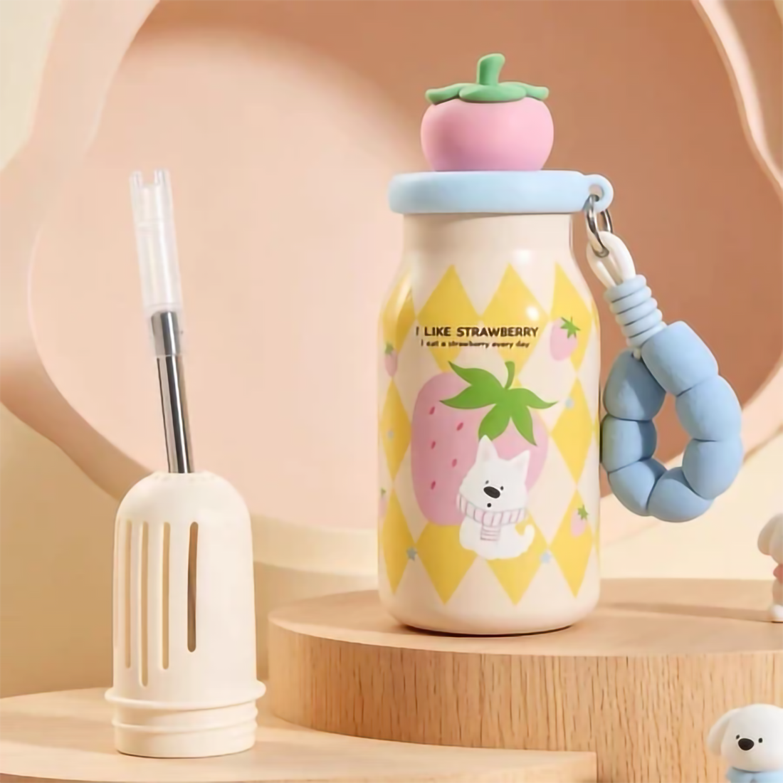 Cute Fruit Lid Insulated Water Bottle 400ml with Straw & Beaded Strap for Kids