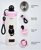 Bow Catty Stainless Steel Tumbler Water Bottle for Kids & Adults, Black Ball Lid Series, 650ml-Black