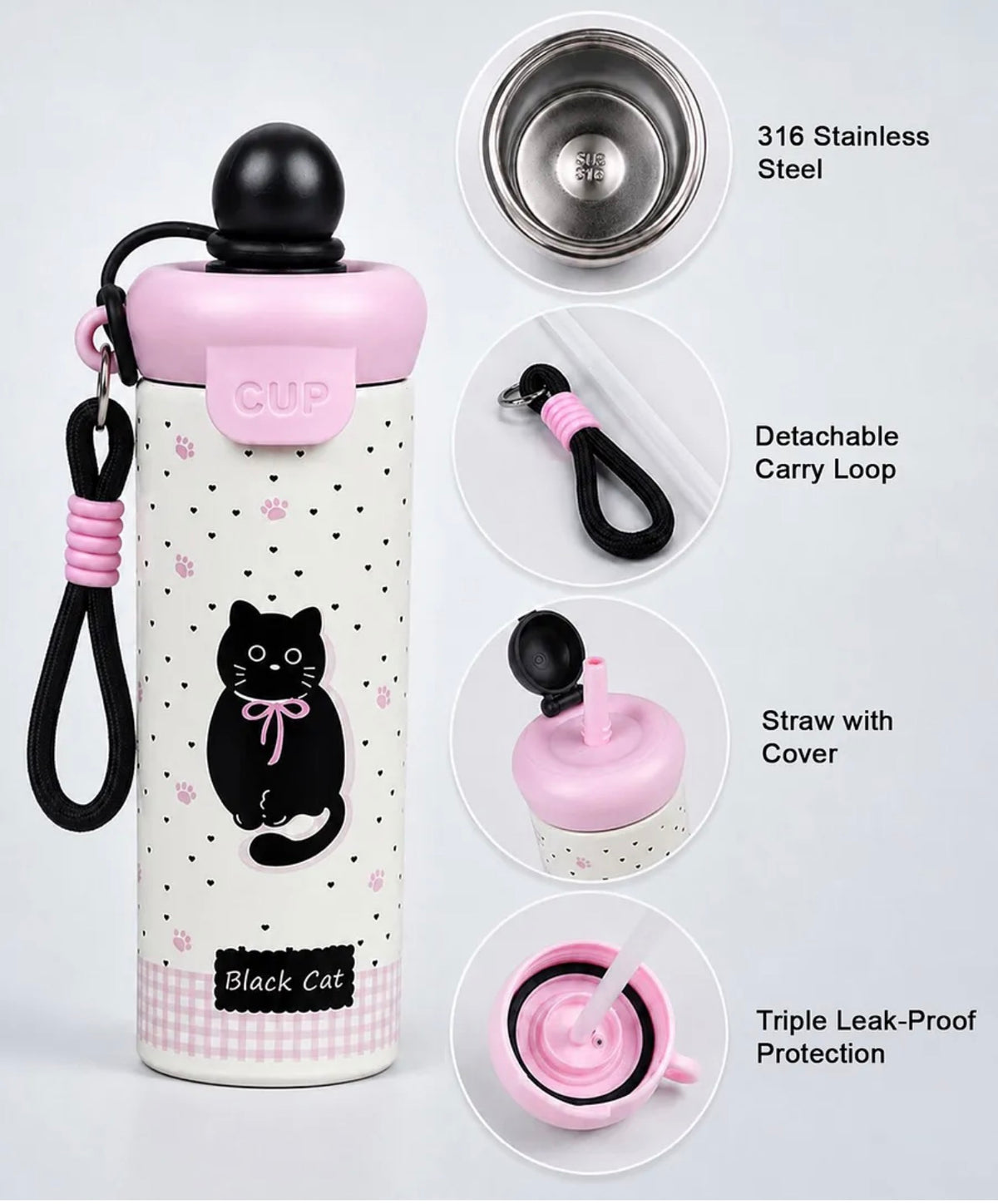 Bow Catty Stainless Steel Tumbler Water Bottle for Kids & Adults, Black Ball Lid Series, 650ml-Black