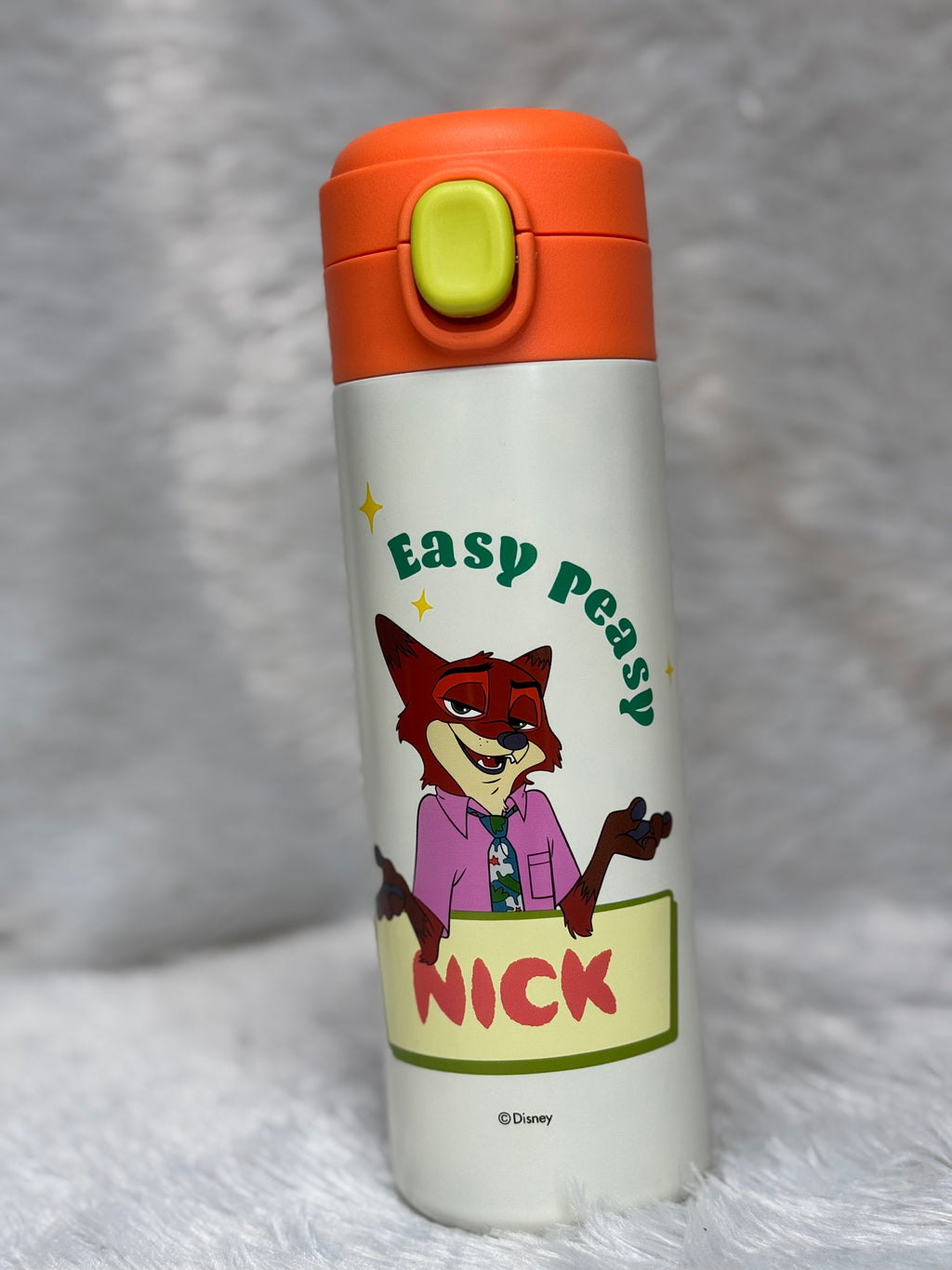 Authentic Disney "Cute Power Attack" Insulated Water Bottle – Push Button Lid (Stitch, Lotso, Judy, Nick)