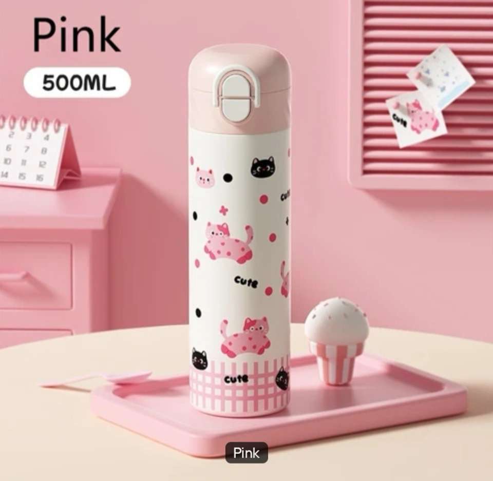 Cute Cartoon Insulated Water Bottle – 450ml Stainless Steel Double-Wall Vacuum Flask with Push-Button Flip Lid & Safety Lock (Leak-Proof, BPA-Free)