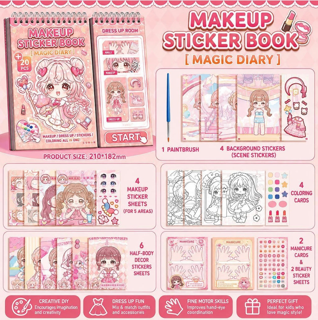 Cute Fairy Dress-Up Sticker Book for Girls, Spiral Activity Book with Dress-Up, Makeup, Headpiece & Nail Art Stickers, Coloring Cards with Paint & Brush (Sparkle Princess)