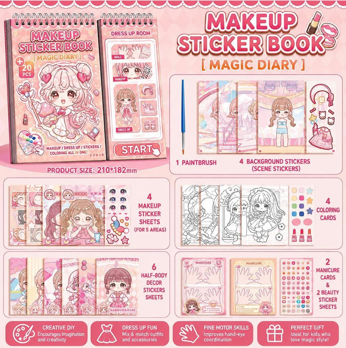 Cute Fairy Dress-Up Sticker Book for Girls, Spiral Activity Book with Dress-Up, Makeup, Headpiece & Nail Art Stickers, Coloring Cards with Paint & Brush (Sparkle Princess)