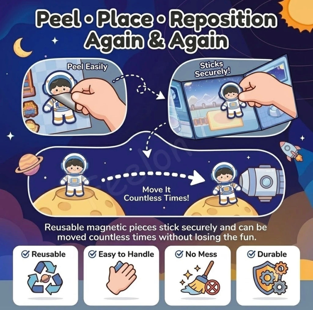 Space Adventure: Interstellar Space Station Magnetic Play Set 4 Fold-Out Magnetic Play Book, 4 Reusable Magnetic Sticker Sheets
