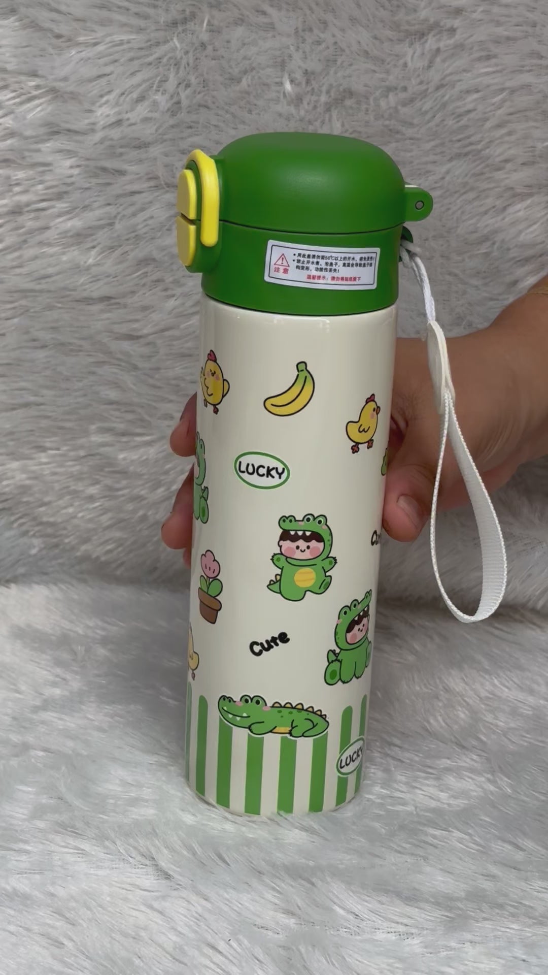 Cute Cartoon Insulated Water Bottle – 450ml Stainless Steel Double-Wall Vacuum Flask with Push-Button Flip Lid & Safety Lock (Leak-Proof, BPA-Free)